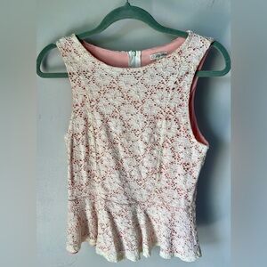 Lily White Peplum Lace Sleeveless Blouse | Size L | Cream w/ Pink Underlay